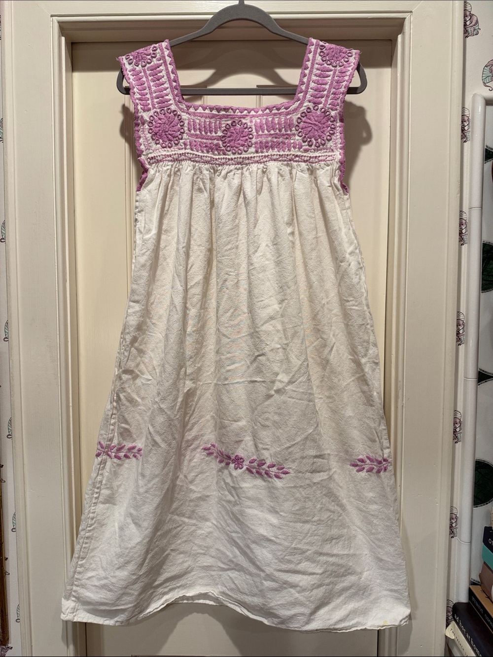 Handmade White Dress with Lilac Embroidered Yoke